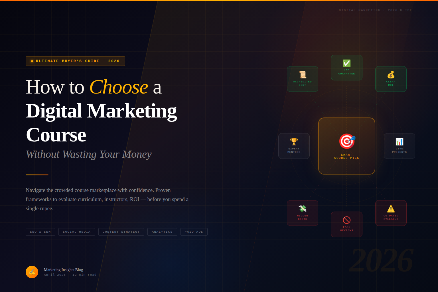 Blog feature image for 'How to Choose a Digital Marketing Course showing a course evaluation decision diagram with green and red flag indicators.
