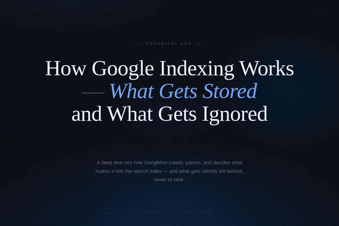 Diagram showing Google's indexing process from crawl to stored index entry 