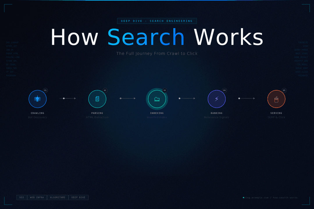 Complete flowchart showing the search journey from crawl to click with all stages connected 