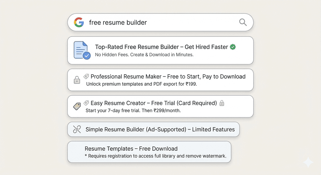 Google search for free resume builder displaying resume tools with hidden charges and paywalls.
