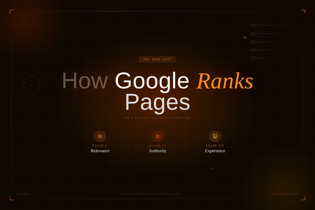 Three pillars diagram showing relevance authority and experience supporting Google rankings