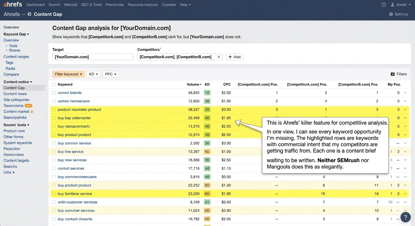 Ahrefs Content Gap tool comparing competitor keywords.