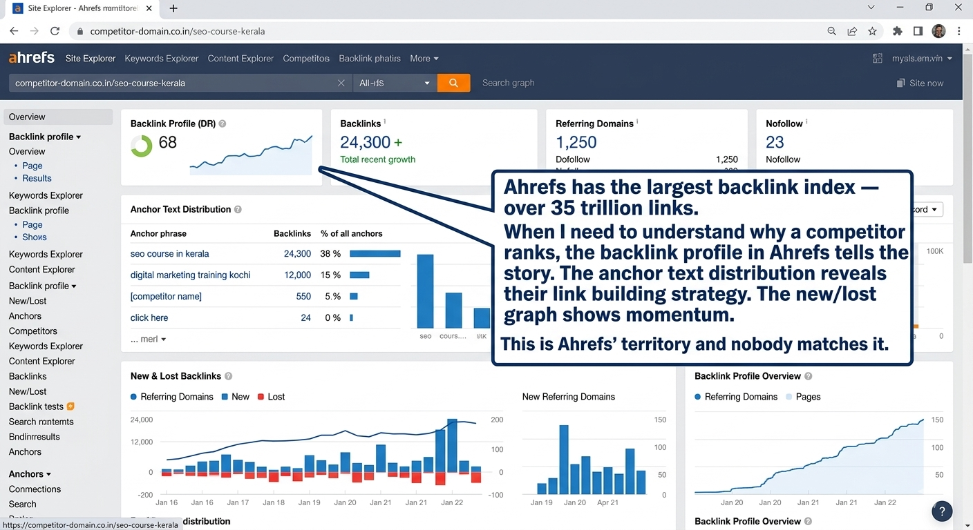 Ahrefs Site Explorer dashboard showing backlink analysis.