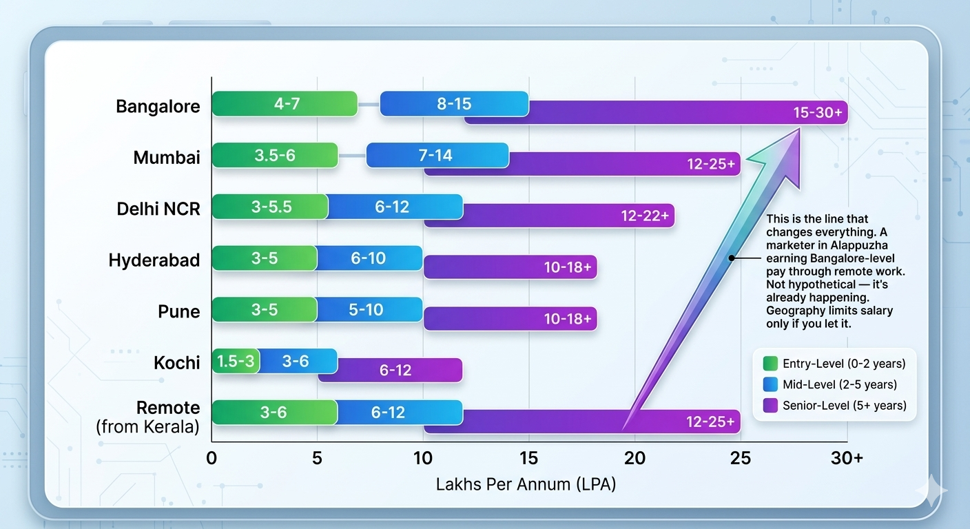 City-wise horizontal bar chart with salary range in LPA.
