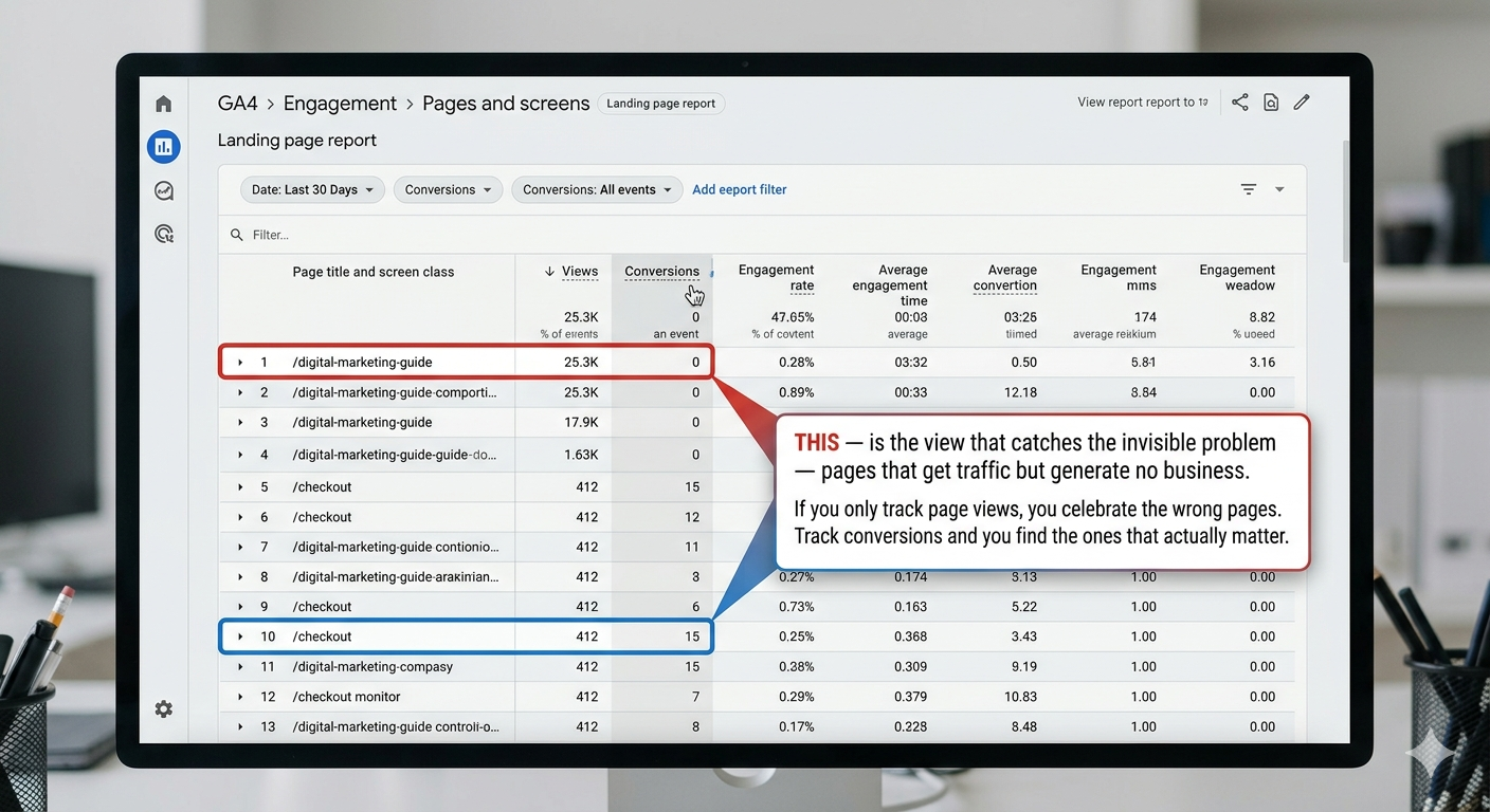 Show a page with high traffic but zero conversions next to a page with low traffic but 15 conversions
