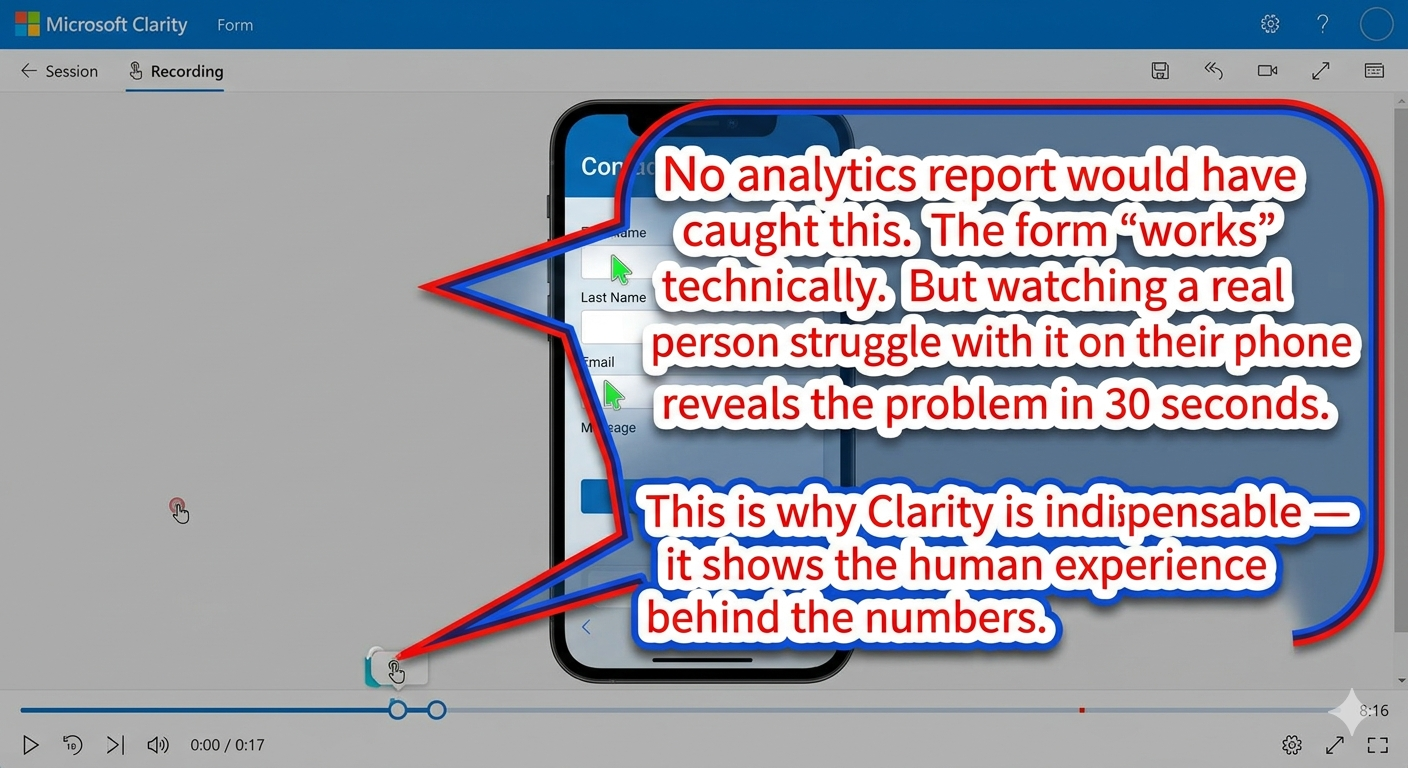 A session recording showing a user on mobile trying to fill a contact form.