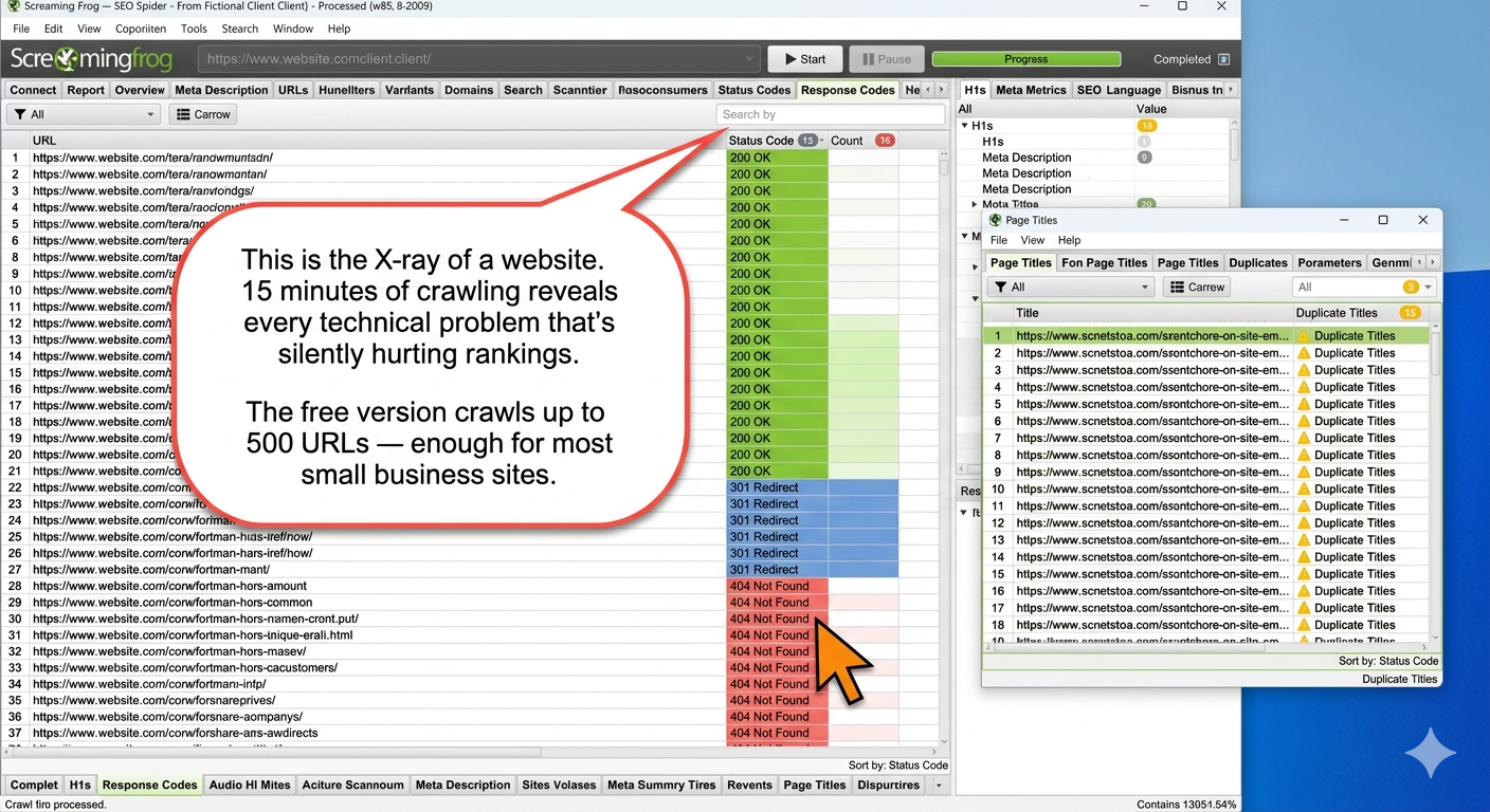 Screaming Frog to find every broken link, missing meta tag, duplicate content issue, redirect chain, and indexing problem.