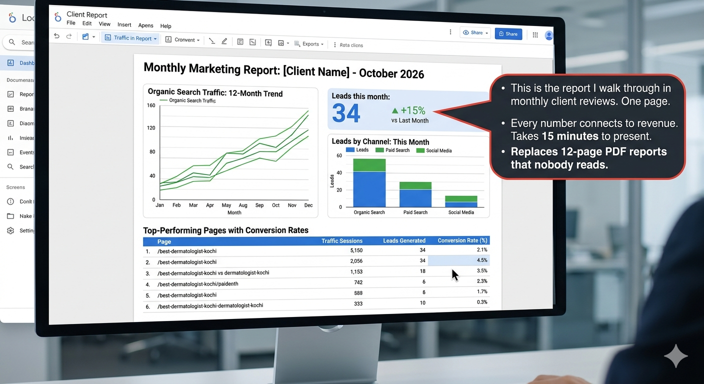 A one-page client report showing: a line graph of organic traffic - looker studio