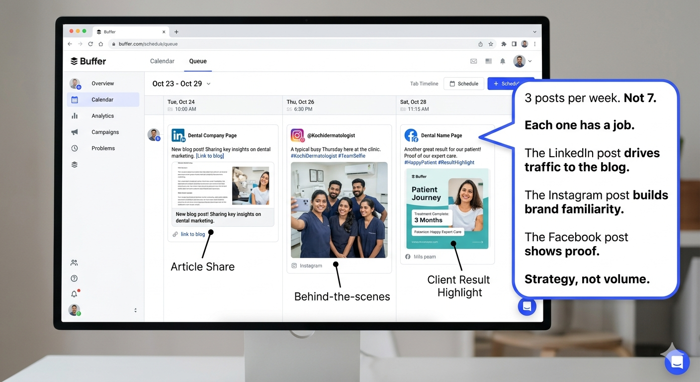 Buffer-Queue view showing 3 scheduled posts for the week - one for LinkedIn, one for Instagram, one for Facebook.