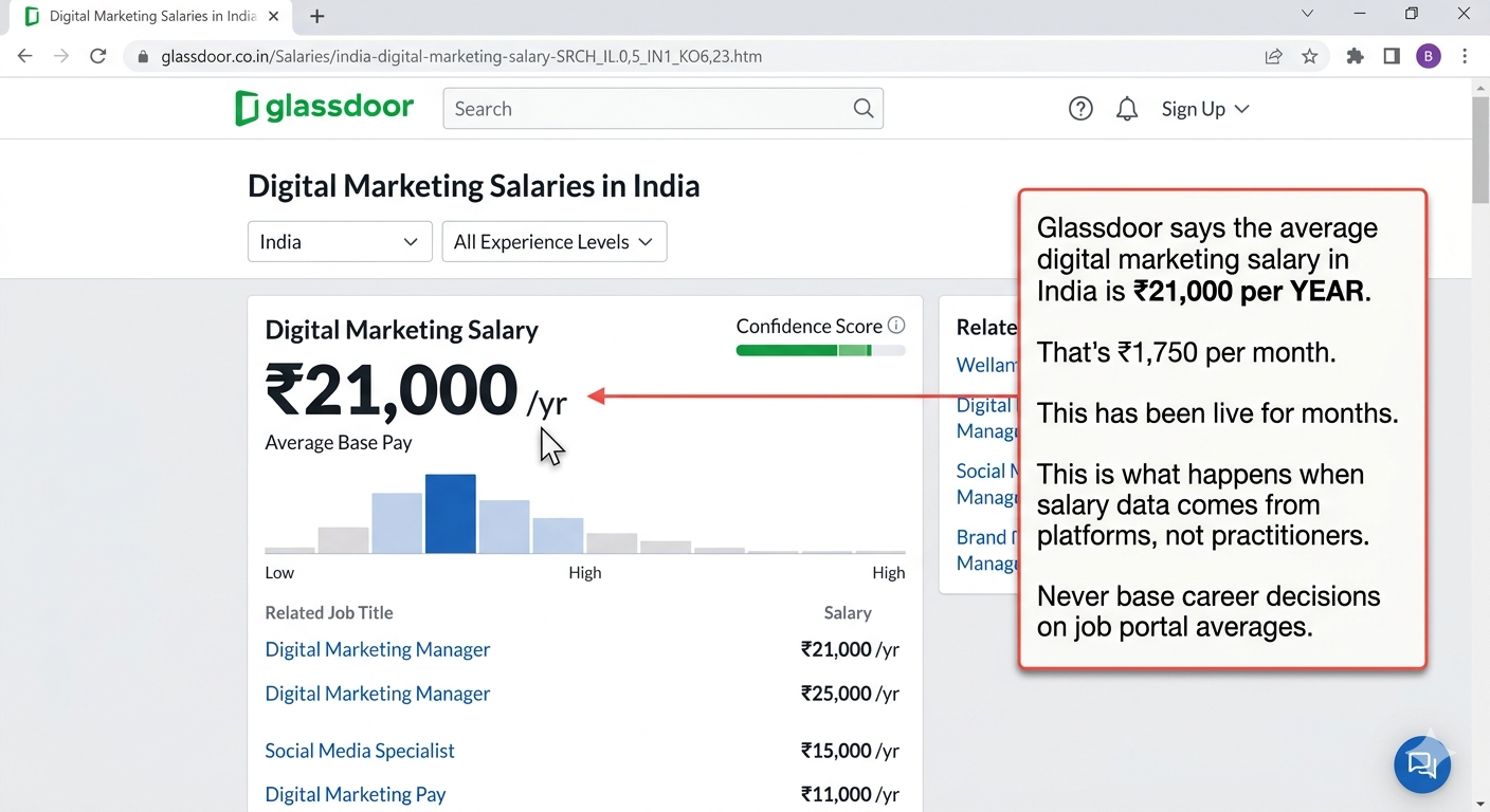 Laptop showing Glassdoor salary page for Indian Digital Marketing.